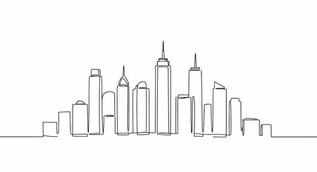 An elegant, minimalist illustration of a modern city skyline, skillfully rendered in a single, continuous black line, creating a fluid and abstract architectural silhouette.の素材