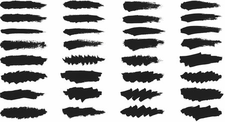 A comprehensive set of 32 distinct black brush stroke textures, showcasing varied artistic styles and imperfections, isolated on a clean white background.の素材