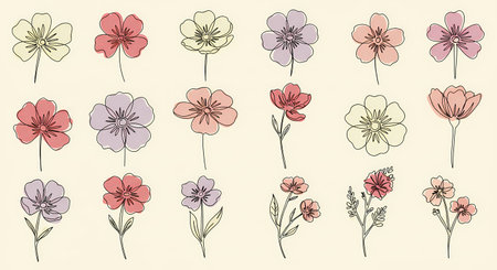 A charming collection of single-line art flowers in soft pastel colors, arranged on a light cream background, evoking a gentle and artistic mood.の素材
