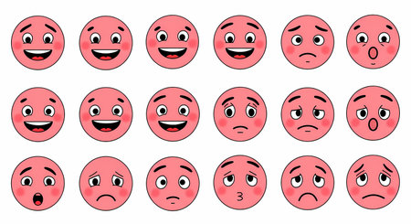 A grid of 18 stylized pink cartoon faces, each displaying a unique emotion from joy to sadness, against a clean white background.の素材