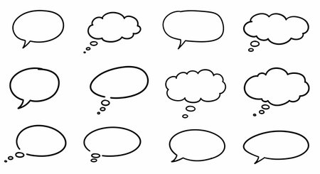 A clean, minimalist graphic featuring twelve distinct hand-drawn speech and thought bubbles, arranged in three rows of four, on a pure white background.の素材