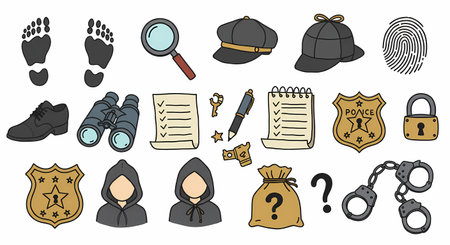 A collection of illustrated detective and crime-solving tools, including footprints, a magnifying glass, binoculars, notebooks, and handcuffs, on a white background.の素材