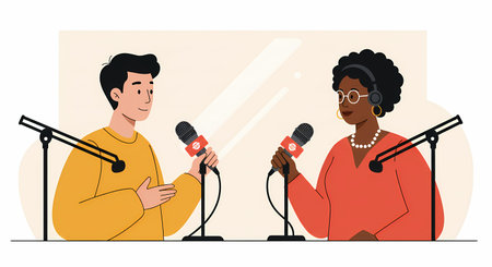 Two individuals, a man and a woman, are depicted in a studio setting, actively participating in a podcast interview, holding microphones.の素材