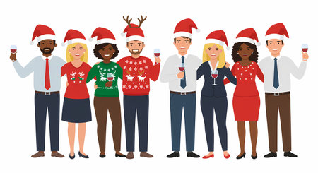 A cheerful, diverse group of eight colleagues, dressed in festive Christmas attire and Santa hats, are posing together, holding glasses of red wine.の素材
