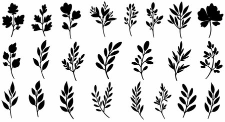 A collection of 21 distinct black silhouette botanical sprigs and floral elements, arranged in three rows on a clean white background, showcasing natural forms.の素材