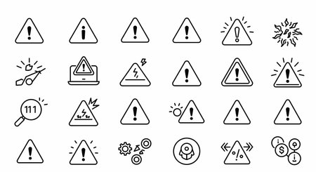 A comprehensive set of black and white line icons representing various warnings, alerts, and hazard symbols, including exclamation marks in triangles, electrical hazards, and magnifying glass searche.の素材