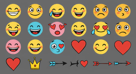 A vibrant collection of hand-drawn emojis, hearts, a crown, and arrows, showcasing a range of emotions and symbols on a textured gray backdrop.の素材