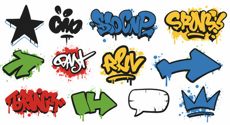 A vibrant collection of urban graffiti elements isolated on white. Features colorful tags, arrows, a crown, and a star, all with authentic spray paint drips and splatters.の素材