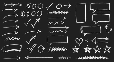 A versatile set of hand-drawn chalk-style elements on a dark blackboard. Includes arrows, checkmarks, speech bubbles, and frames for design, annotation, and presentations.の素材