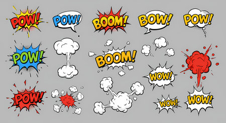 A collection of vibrant, hand-drawn comic book sound effects, including "POW!", "BOOM!", and "WOW!", with various explosion and speech bubble designs.の素材
