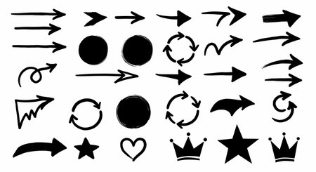 A collection of hand-drawn black graphic elements including various arrow styles, circles, stars, a heart, and crowns, presented on a clean white background.の素材
