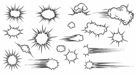 A collection of black and white comic book style graphic elements, featuring explosive bursts, speed lines, and stylized clouds for action and motion.の素材