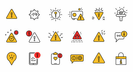 A comprehensive set of modern, flat-design icons representing various warnings, alerts, and informational messages, including hazard symbols and notifications.の素材