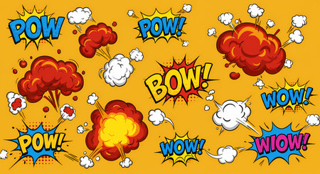 Vibrant comic book style explosions with "POW!", "BOW!", and "WOW!" sound effects, rendered in bold colors against a bright yellow backdrop.の素材