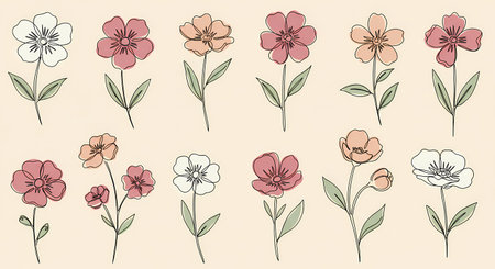 A modern botanical collection of flowers in a continuous line art style. Muted pink, peach, and white color washes add a soft, elegant touch to the minimalist design.の素材