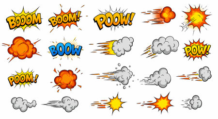 A vibrant collection of comic book style sound effects and motion graphics, featuring "BOOM," "POW," and "POOM" text bubbles, alongside various explosive bursts and speed lines.の素材