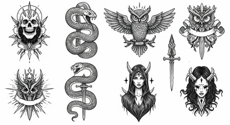 A striking collection of eight detailed black and white tattoo designs featuring gothic and occult imagery, including skulls, snakes, owls, and demonic women.の素材