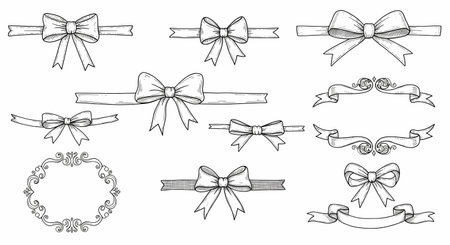 A detailed ink sketch showcases a variety of hand-drawn bows and decorative ribbons, perfect for invitations, gifts, or graphic design elements.の素材