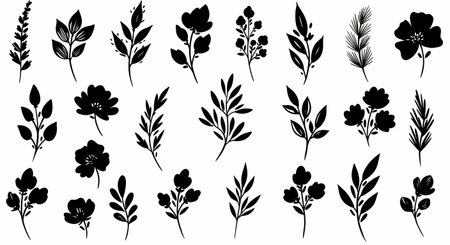 A versatile collection of hand-drawn botanical illustrations in black silhouette style, isolated on a white background. Perfect for elegant, minimalist, and natural designs.の素材