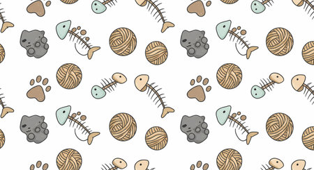 Cute, cartoonish cat toys â fish skeletons, yarn balls, and paw prints â create a whimsical, repeating pattern on a white background. Pastel colors and simple lines evoke a playful mood.の素材