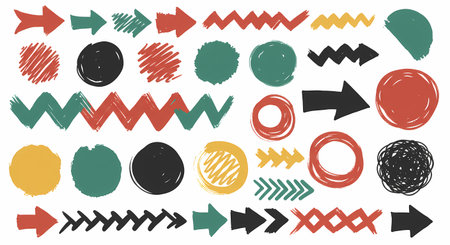 An eclectic set of hand-painted design elements, featuring rustic arrows, circles, and zigzags. The textured brush strokes and earthy colors create an organic, artistic feel.の素材