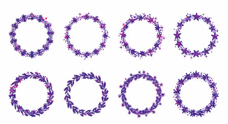 Collection of six circular wreaths, each featuring a unique design. Purple floral elements and stars create a whimsical, decorative border.の素材