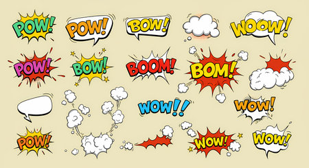A dynamic assortment of colorful comic book style sound effects and speech bubbles, evoking action and excitement.の素材