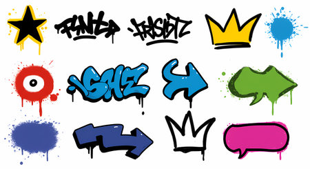 A collection of diverse graffiti-style icons including stars, crowns, text, arrows, and paint splatters, rendered in bright, energetic colors on a white background.の素材