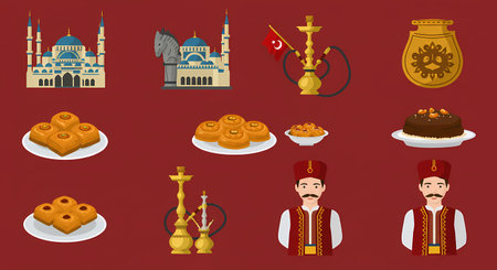 A colorful flat design collage showcasing iconic Turkish elements like mosques, a Trojan horse, hookahs, traditional desserts, and figures in national attire.の素材