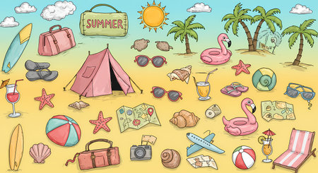 A cheerful, hand-drawn collection of summer vacation items, including surfboards, luggage, a tent, drinks, and inflatable flamingos, spread across a sandy beach under a bright sun and blue sky.の素材