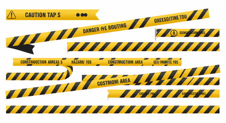 A vector illustration featuring various yellow and black warning tapes with different messages, including "Caution," "Danger," and "Construction Area." The tapes are arranged on a white background.の素材