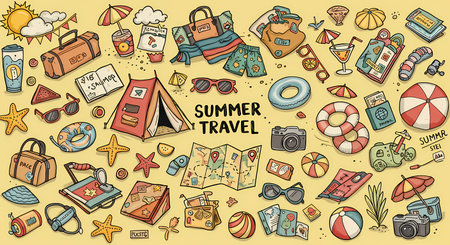 A vibrant, playful illustration showcasing a collection of hand-drawn summer travel items, including luggage, beach gear, and vacation accessories, evoking a sense of adventure and relaxation.の素材