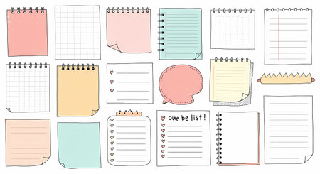 A charming collection of hand-drawn doodle stationery. Features pastel sticky notes, memo pads, and to-do lists for journaling, planning, or scrapbooking. Isolated on white.の素材