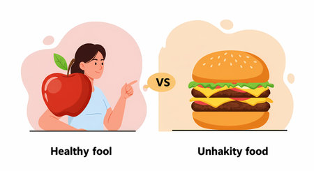 A woman points towards a vibrant red apple, symbolizing healthy eating, contrasted with a large, tempting burger representing unhealthy food.の素材