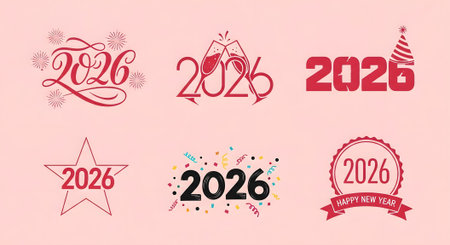 Collection of 2026 New Year's themed graphic designs. Various styles and elements are used to create a festive and celebratory look. The designs include numbers, confetti, and party-like elements.の素材