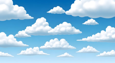 A vibrant cartoon or anime style illustration of a bright blue sky filled with numerous soft, white, puffy cumulus clouds on a clear sunny day. A perfect summer background.の素材