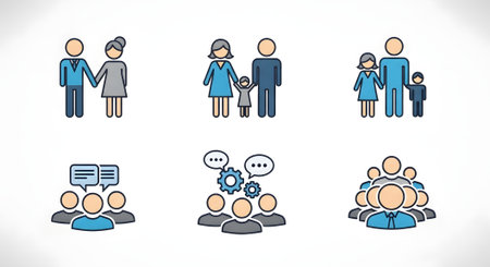 A collection of six vector icons depicting various family structures and social interactions like communication teamwork and community on a white background.の素材