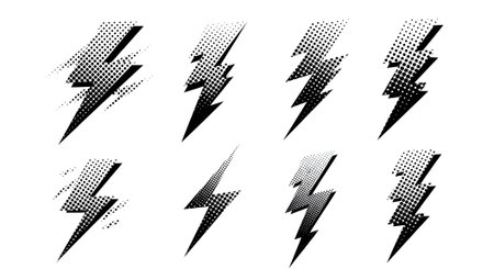 A collection of eight black lightning bolt icons featuring various grunge and halftone dot effects on a white background. Ideal for power, energy, or warning designs.の素材