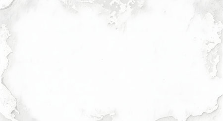 A clean white background featuring a delicate abstract frame of light grey watercolor splatters. Minimalist and modern design with ample copy space for text or graphics.の素材