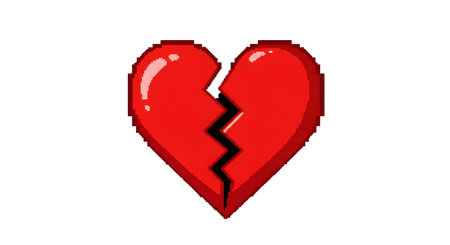 A pixelated illustration of a broken heart, a symbol of heartbreak, sadness, and emotional pain. The heart is split down the middle with a jagged line.の素材