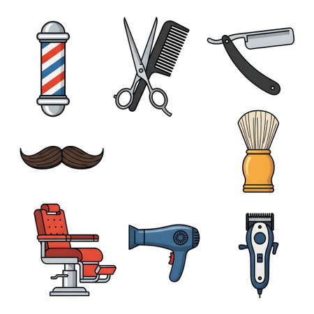 A collection of nine classic barbershop icons including a barber pole, scissors, comb, razor, mustache, shaving brush, chair, hairdryer, and electric clippers.の素材