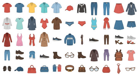 A diverse collection of colorful flat vector icons featuring various types of men's and women's apparel and accessories including shirts pants dresses shoes bags and glasses.の素材