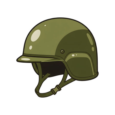 An illustration of a green military helmet, showcasing its design and features. The helmet is depicted with a visor and chin strap.の素材