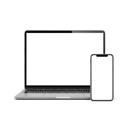 A clean, minimalist mockup featuring a laptop and smartphone with blank white screens, perfect for showcasing app designs, website layouts, or digital content in a professional setting.の素材