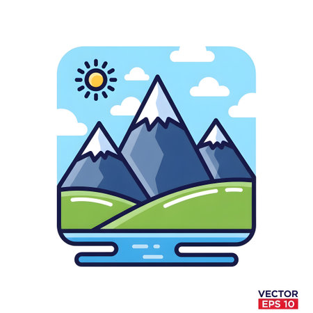 A vibrant illustration of a mountain landscape featuring snow-capped peaks, a bright sun, fluffy clouds, and a serene river.の素材