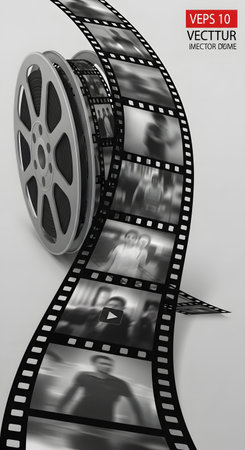 A classic image of a film reel with a winding filmstrip, showcasing still images from a movie or film. A timeless representation of cinema.の素材