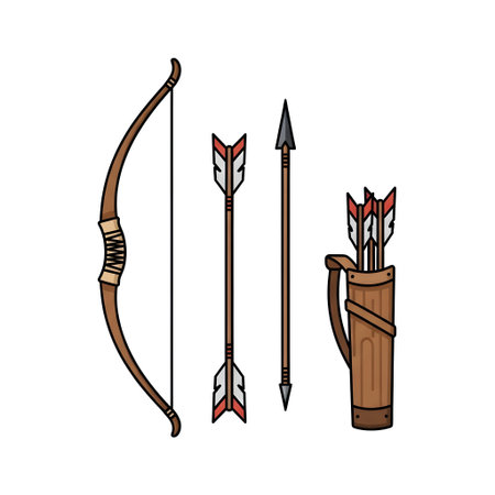 A collection of archery equipment including a wooden bow, two arrows, and a quiver filled with arrows, presented in a simple illustration.の素材