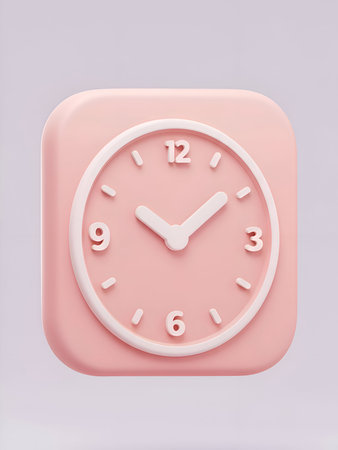 A pink square clock with white numbers and hands. The clock is a 3D model, and it is on a light gray background. The clock is a simple design, but it is eye-catching.の素材