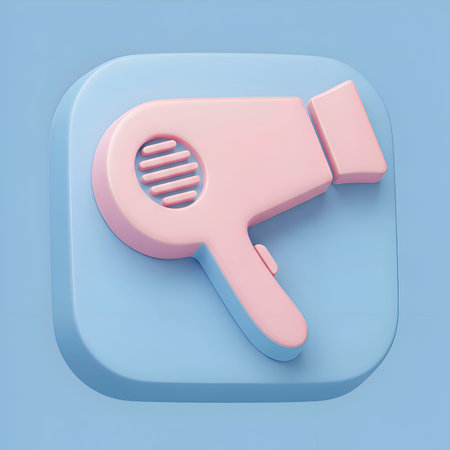 A 3D render of a pink hair dryer on a light blue rounded square. The hair dryer is angled and shows the handle and air vent.の素材