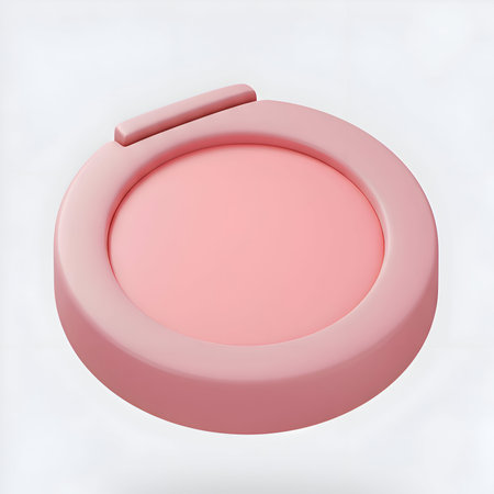 A minimalist 3D render of a round pink blush compact. This beauty product features a smooth, matte finish and a small tab for opening, ideal for makeup concepts.の素材